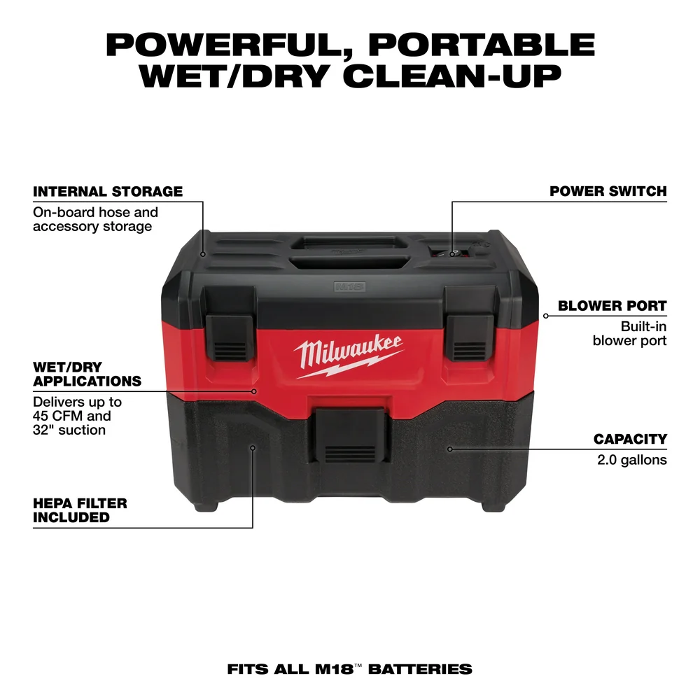 Milwaukee M18 Cordless 2-Gallon Wet/Dry Vacuum - Tool Only - Image 3