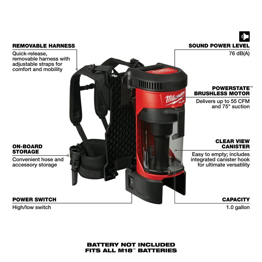 Milwaukee M18 FUEL Cordless 3-in-1 Backpack Vacuum - Tool Only - Image 7