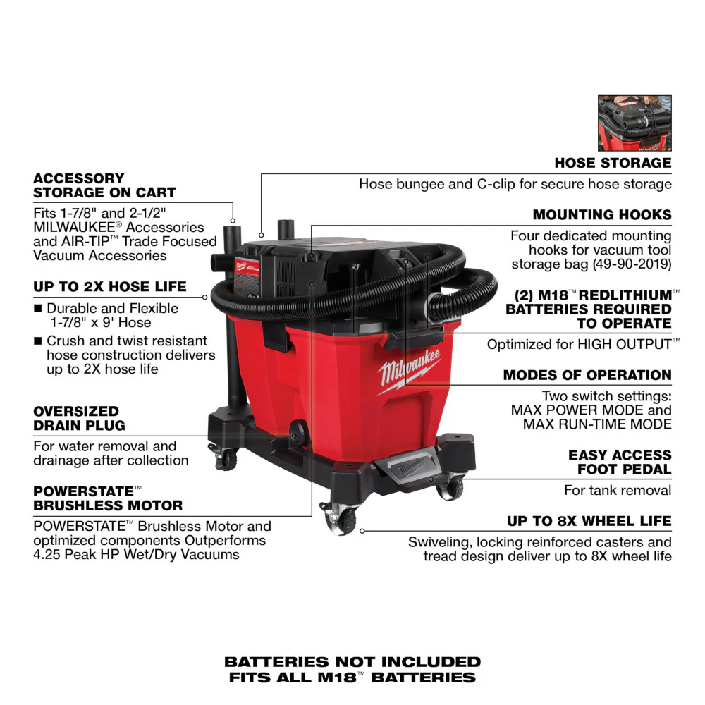 Milwaukee M18 FUEL 9 Gallon Dual-Battery Wet/Dry Vacuum - Tool Only - Image 8
