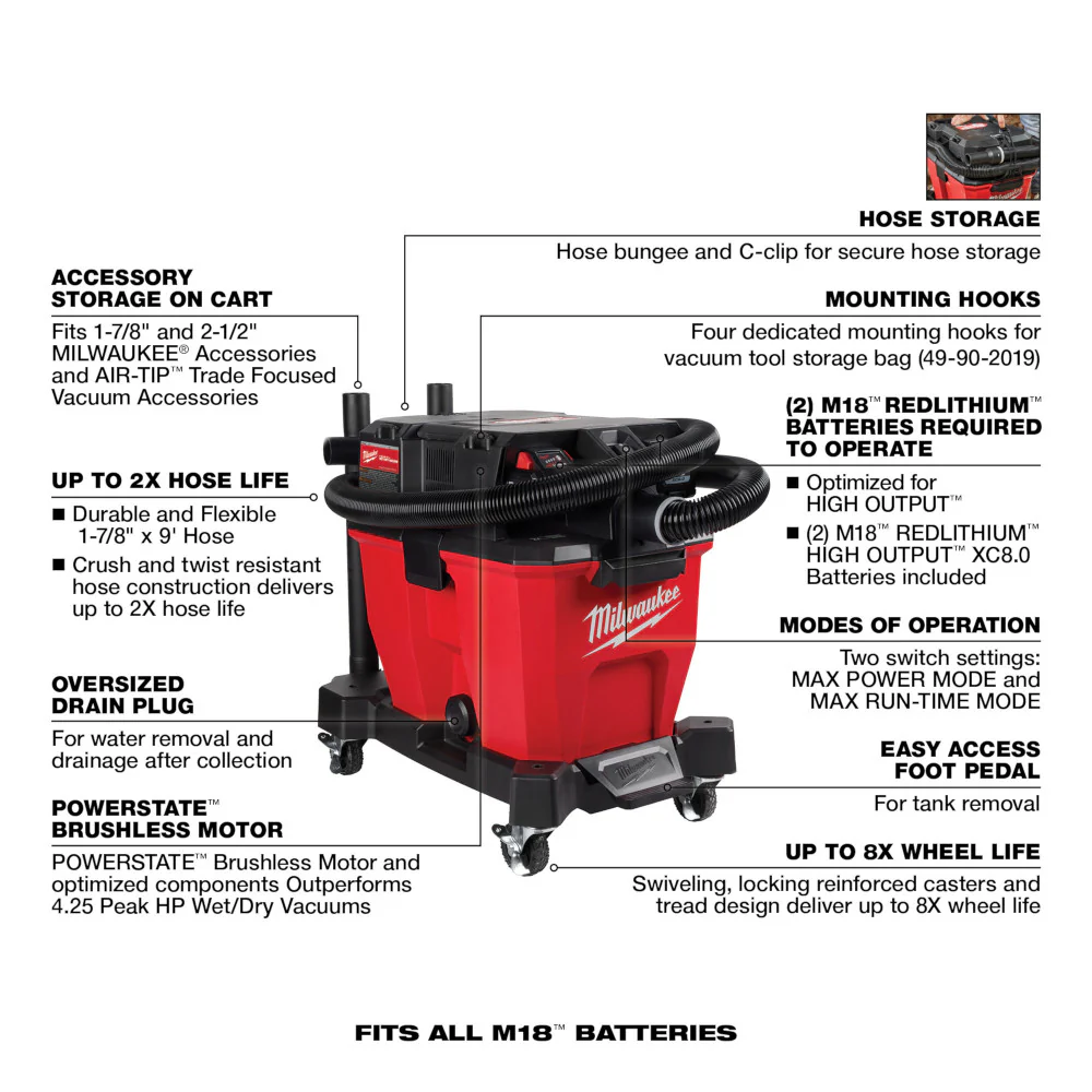 Milwaukee M18 FUEL 9 Gallon Dual-Battery Wet/Dry Vacuum Kit - Image 8