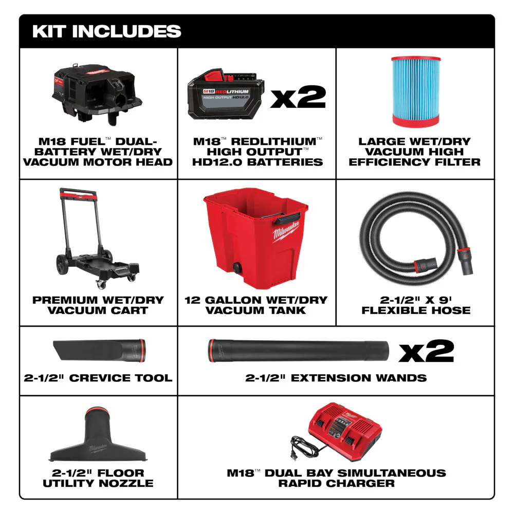 Milwaukee M18 FUEL™ 12 Gallon Dual Battery Wet/Dry Vacuum Kit - Image 2