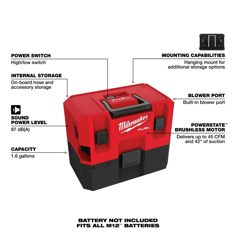 Milwaukee M12 FUEL Cordless 1.6 Gallon Wet/Dry Vacuum - Tool Only - Image 7