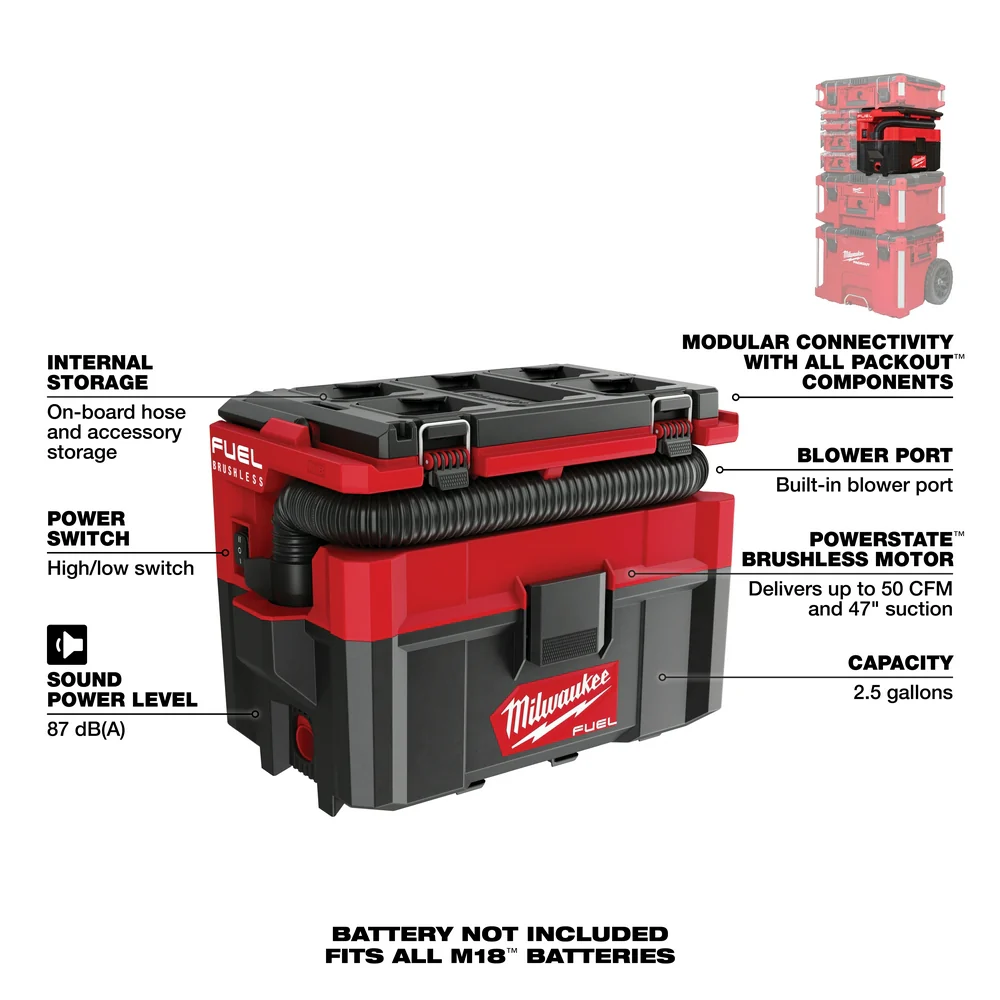 Milwaukee M18 FUEL Cordless PACKOUT 2.5 Gallon Wet/Dry Vacuum - Tool Only - Image 7