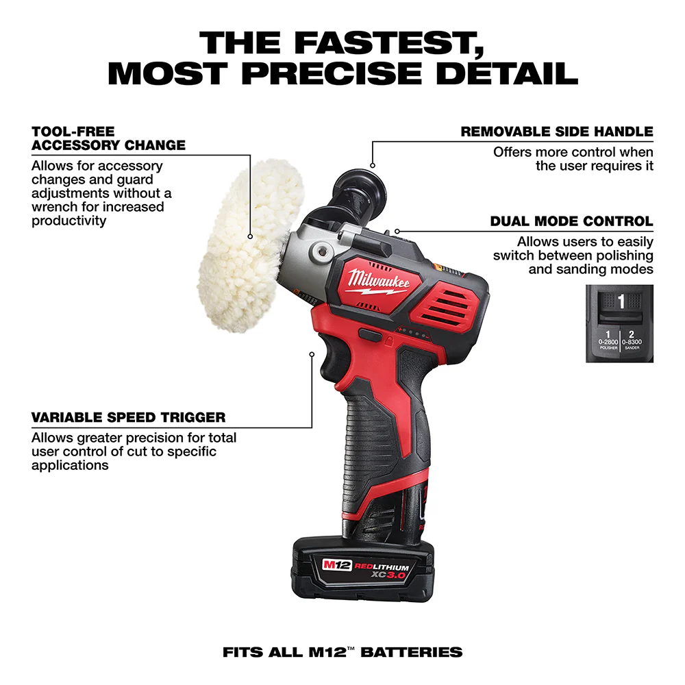 Milwaukee M12 Cordless Variable Speed Polisher/Sander XC/Compact Battery Kit - Image 3