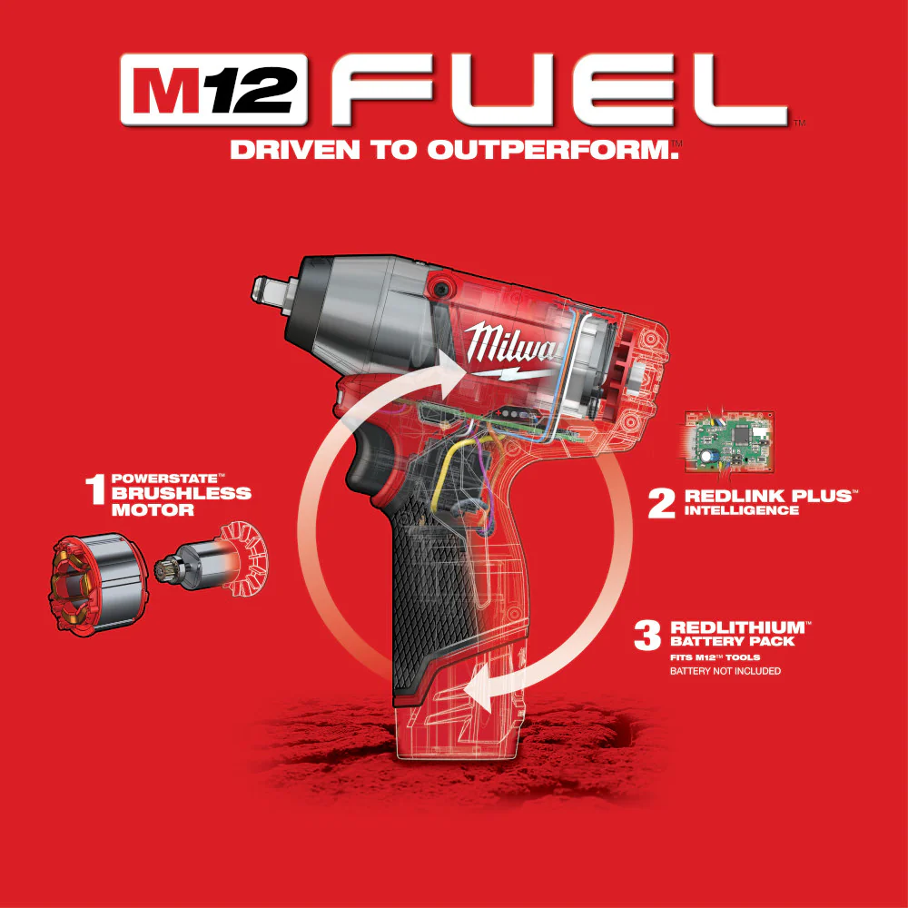 Milwaukee M12 FUEL Cordless 3/8" Impact Wrench - Tool Only - Image 6