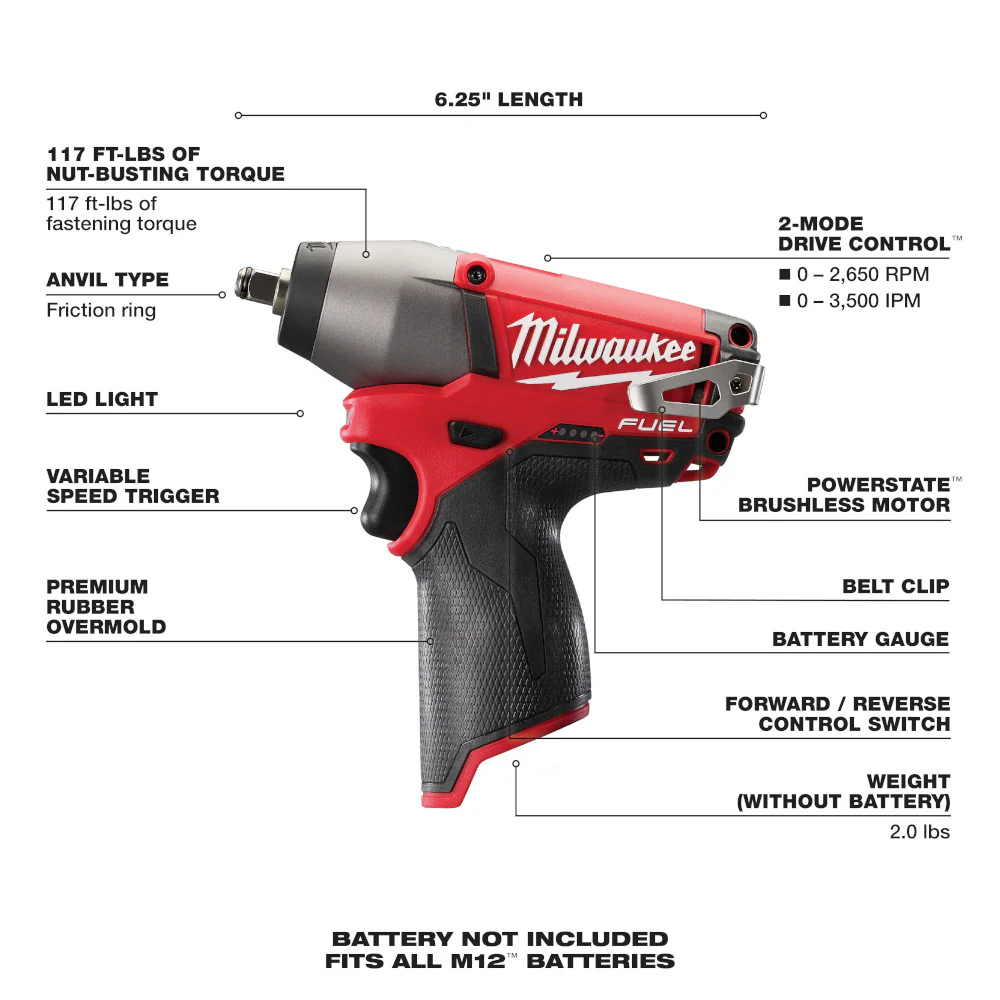 Milwaukee M12 FUEL Cordless 3/8" Impact Wrench - Tool Only - Image 7