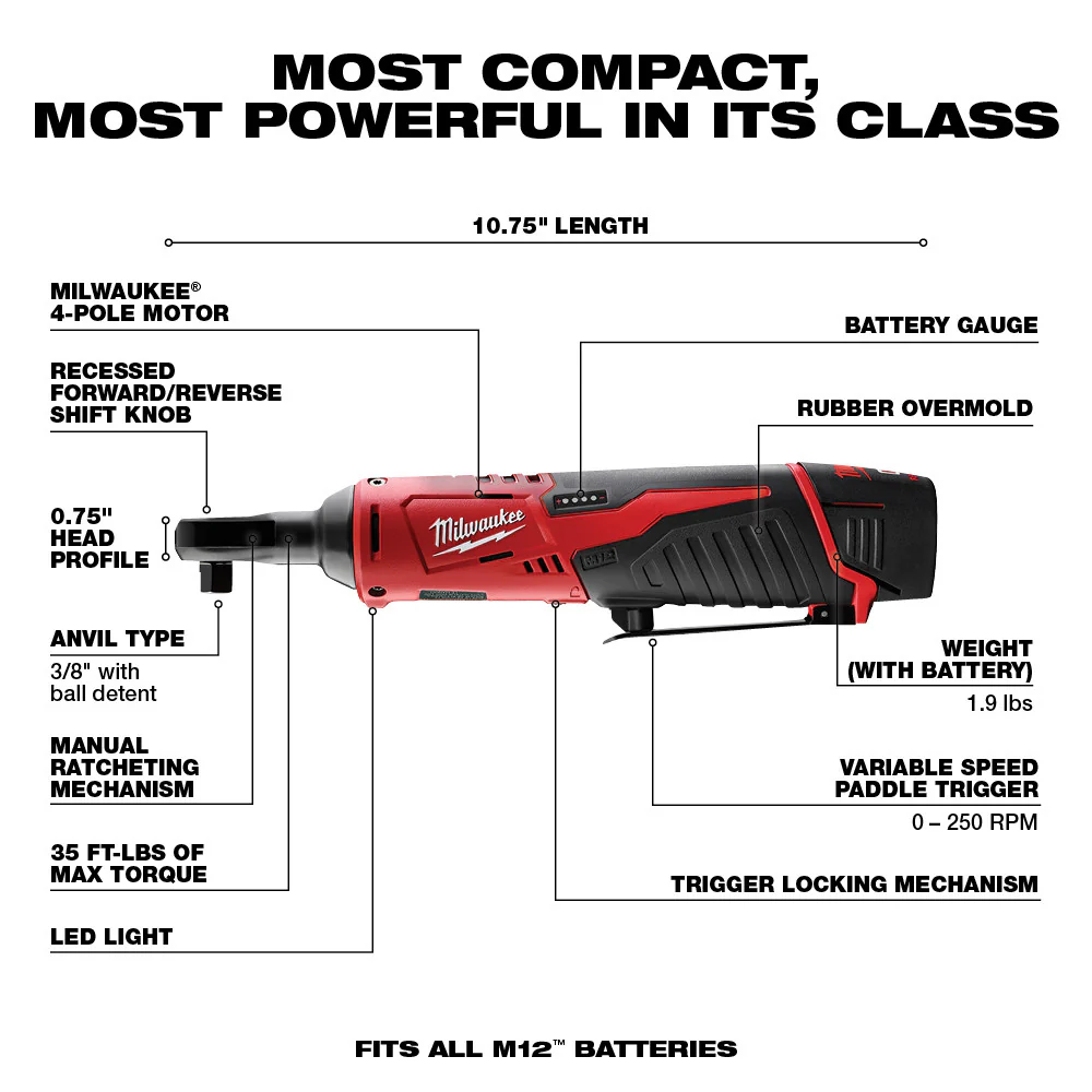 Milwaukee M12 Cordless 3/8" Ratchet Kit - Image 3
