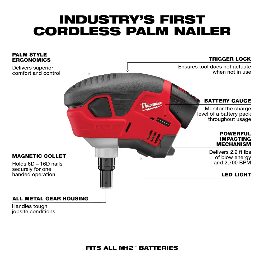 Milwaukee M12 Cordless Palm Nailer Kit - Image 3
