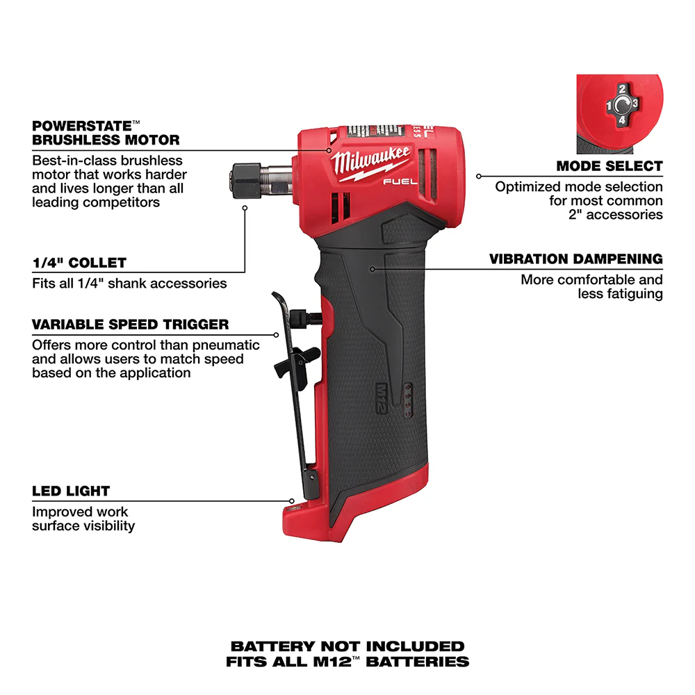 Milwaukee M12 FUEL Cordless Right Angle Die Grinder - Tool Only - Image 7