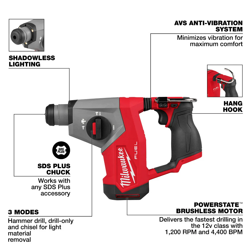 Milwaukee M12 FUEL 5/8" SDS Plus Rotary Hammer - Tool Only - Image 3