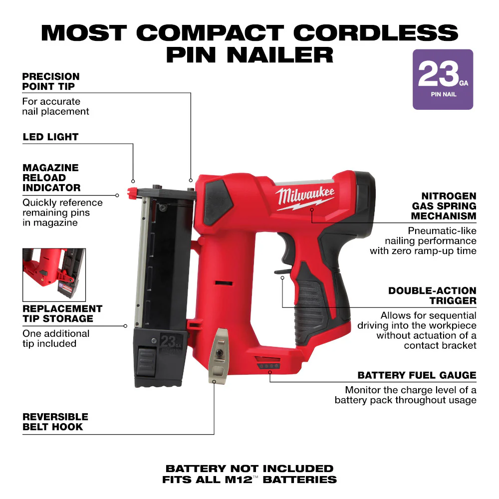 Milwaukee M12 Cordless 23 Gauge Pin Nailer - Tool Only - Image 4
