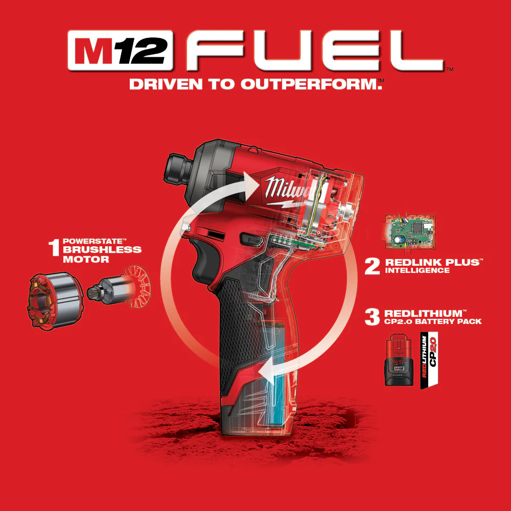 Milwaukee M12 FUEL Cordless SURGE 1/4" Hex Hydraulic Driver Two Battery Kit - Image 7