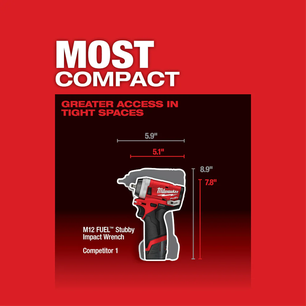 Milwaukee M12 FUEL Cordless Stubby 1/4" Impact Wrench  - Tool Only - Image 3