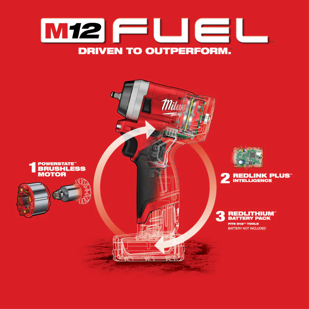 Milwaukee M12 FUEL Cordless Stubby 1/4" Impact Wrench  - Tool Only - Image 6