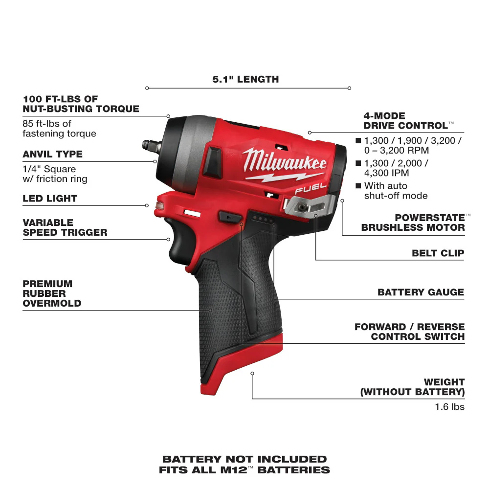 Milwaukee M12 FUEL Cordless Stubby 1/4" Impact Wrench  - Tool Only - Image 7