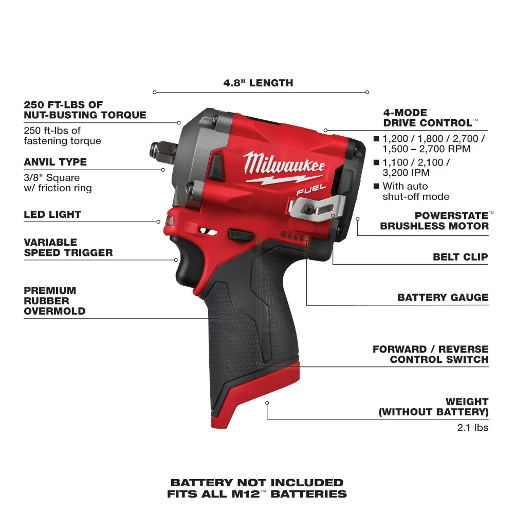 Milwaukee M12 FUEL Cordless Stubby 3/8" Impact Wrench  - Tool Only - Image 6