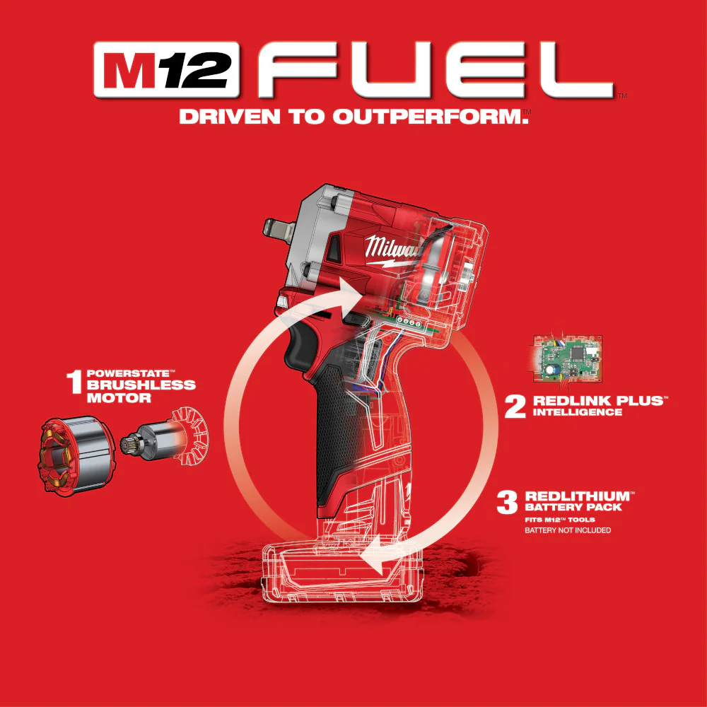 Milwaukee M12 FUEL Cordless Stubby 3/8" Impact Wrench  - Tool Only - Image 7
