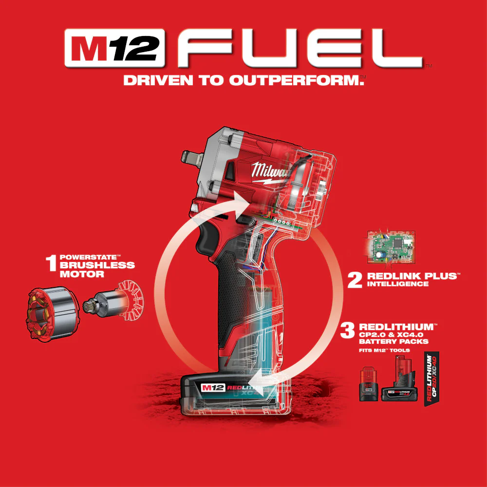 Milwaukee M12 FUEL Cordless Stubby 3/8" Impact Wrench Kit - Image 7