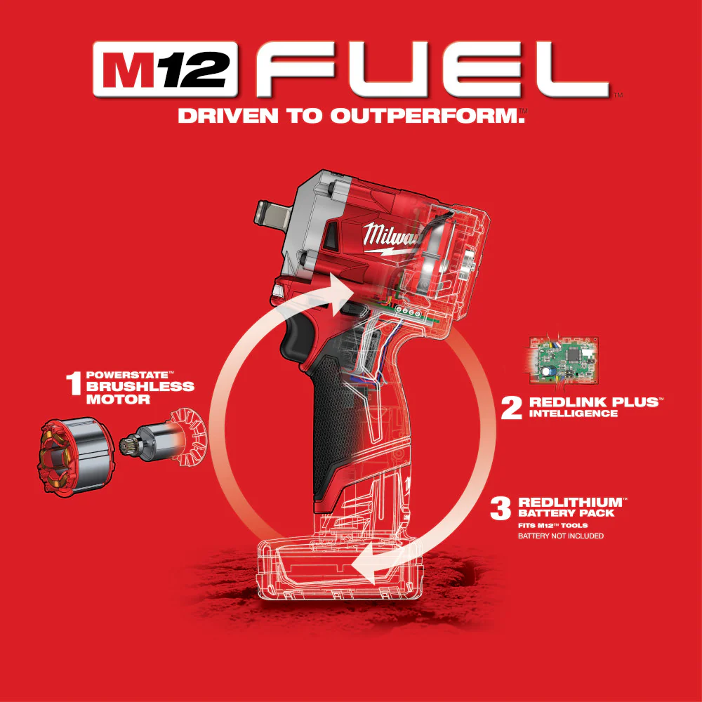 Milwaukee M12 FUEL Cordless Stubby 1/2" Impact Wrench  - Tool Only - Image 6