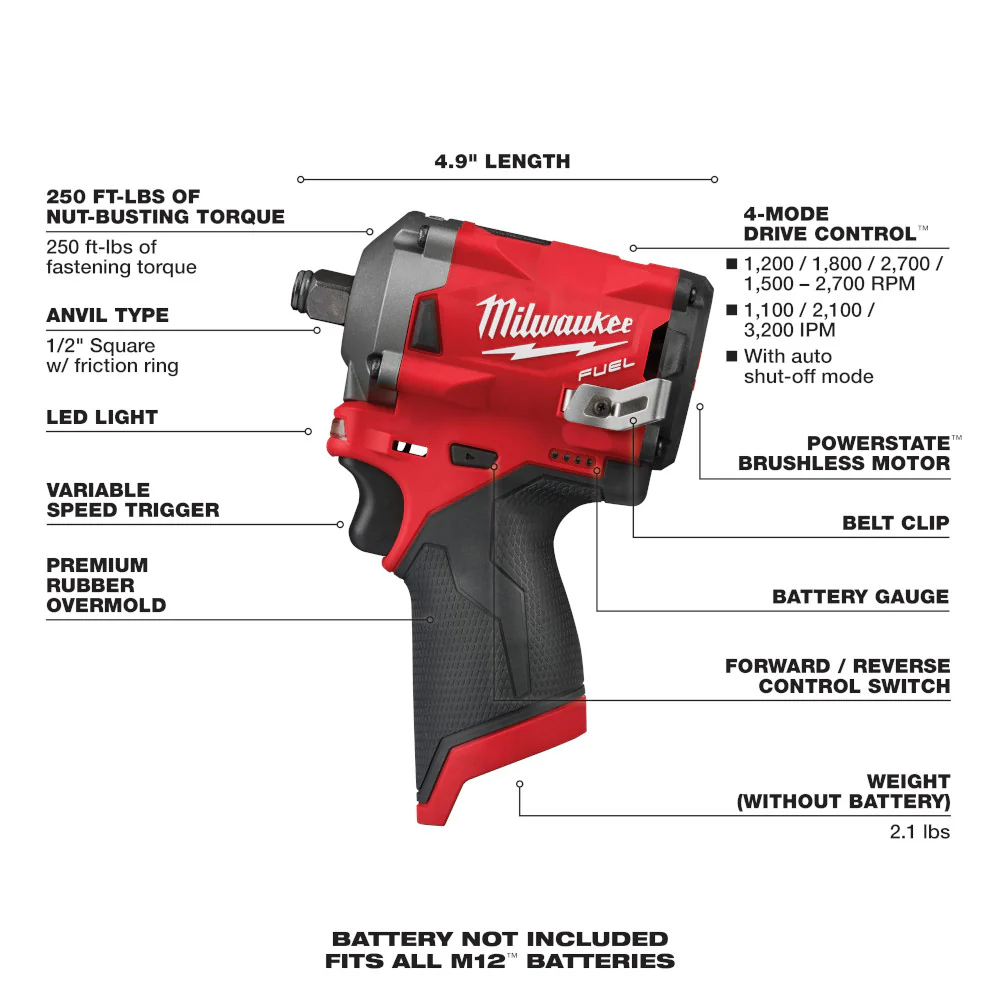 Milwaukee M12 FUEL Cordless Stubby 1/2" Impact Wrench  - Tool Only - Image 7
