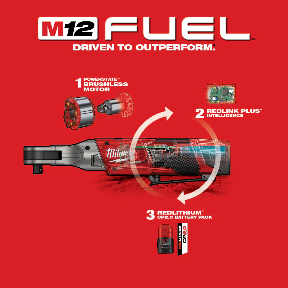 Milwaukee M12 FUEL Cordless 3/8" Ratchet Two Battery Kit - Image 7