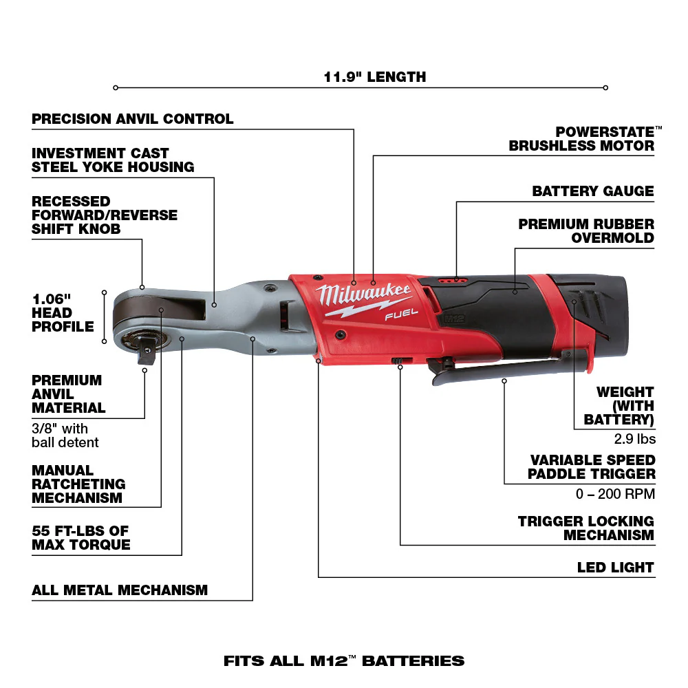 Milwaukee M12 FUEL Cordless 3/8" Ratchet Two Battery Kit - Image 8