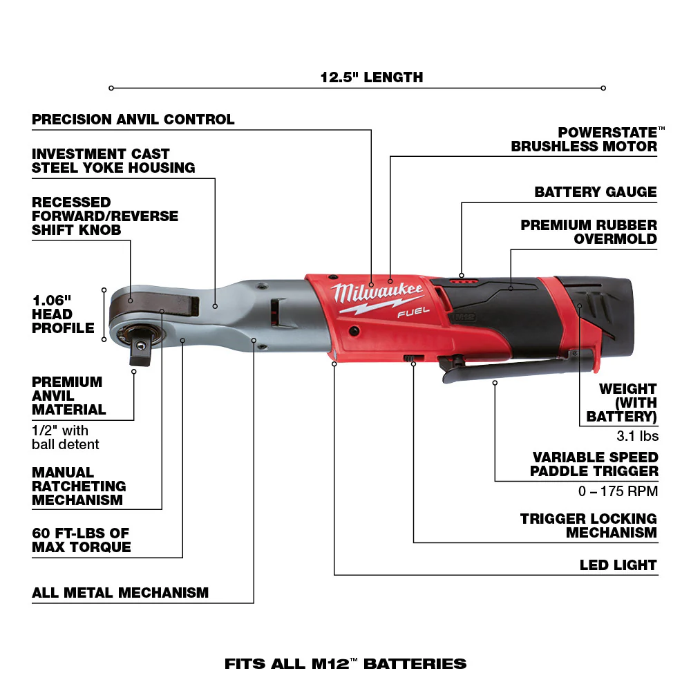 Milwaukee 2558-22 M12 FUEL™ 1/2" Ratchet 2 Battery Kit - Image 8