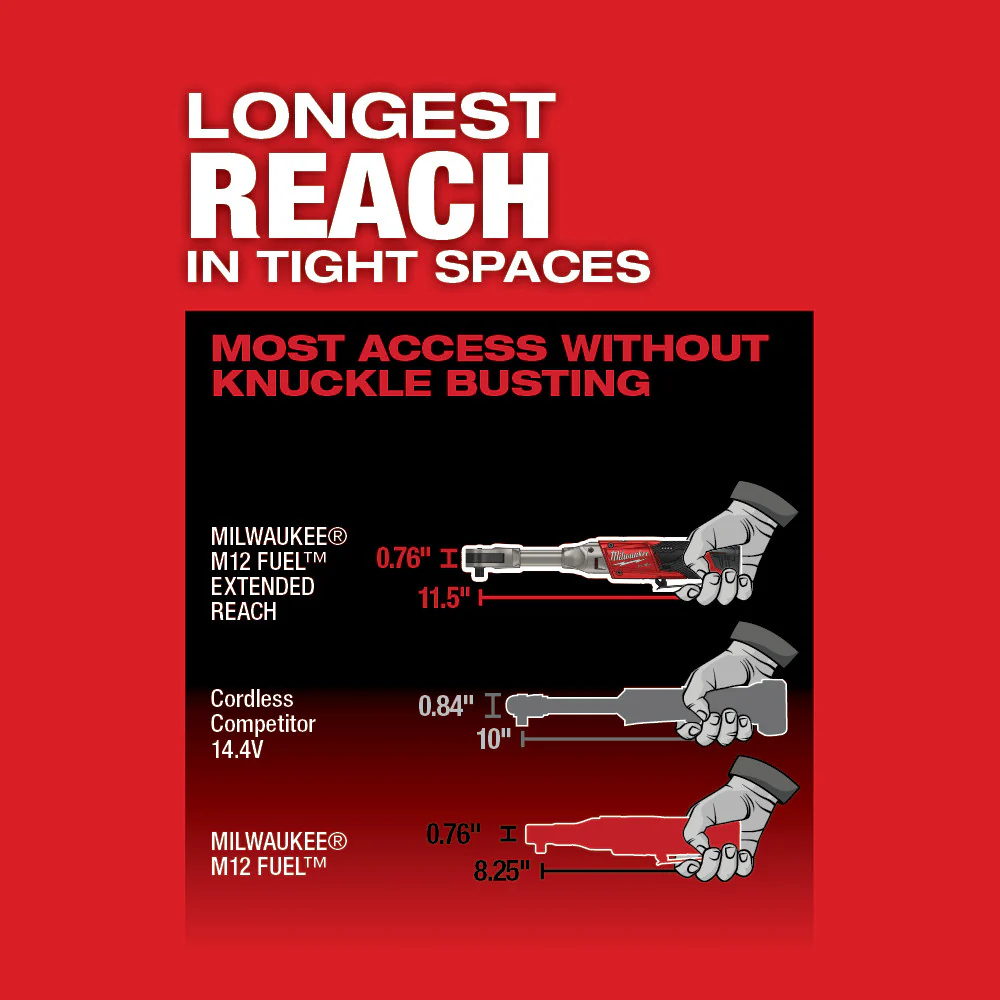 Milwaukee M12 FUEL Cordless 3/8" Extended Reach Ratchet - Tool Only - Image 4