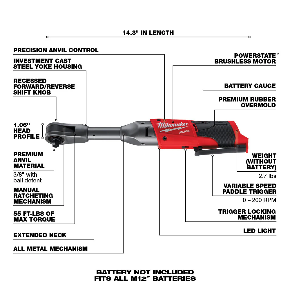 Milwaukee M12 FUEL Cordless 3/8" Extended Reach Ratchet - Tool Only - Image 7