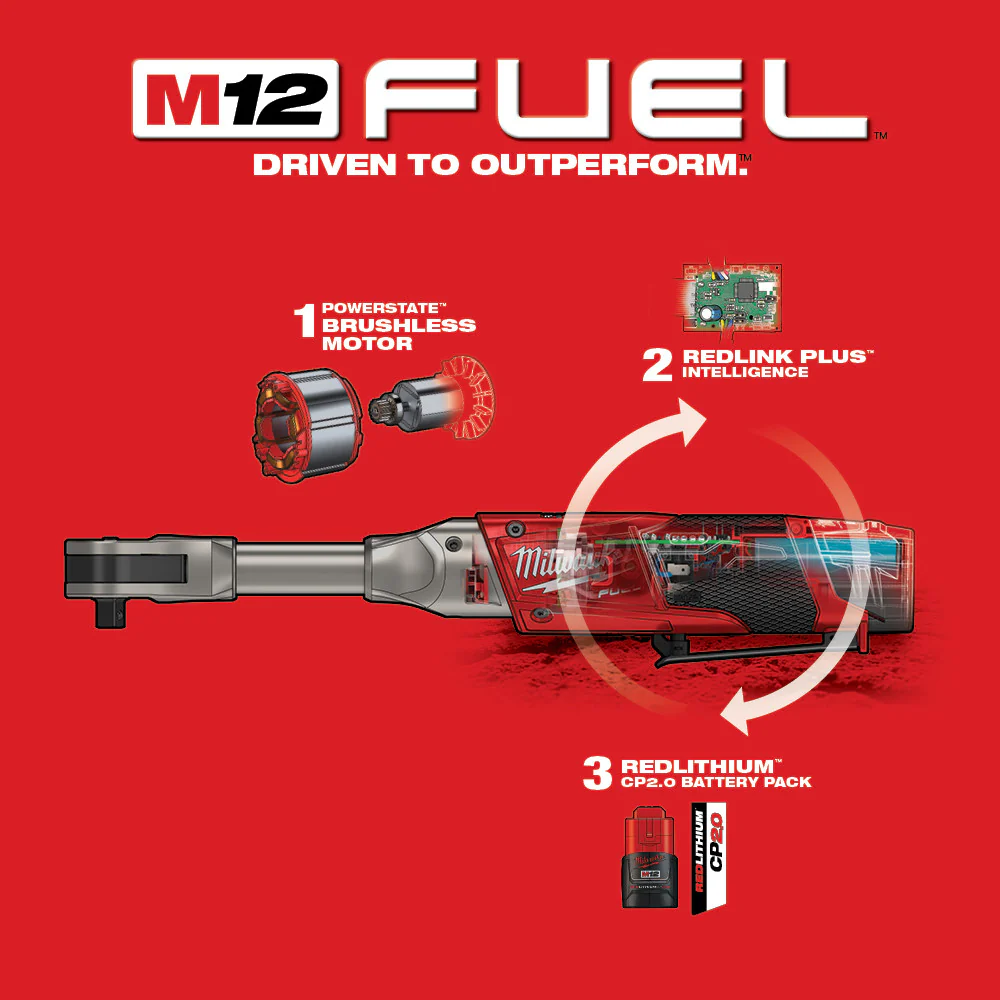 Milwaukee M12 FUEL Cordless 3/8" Extended Reach Ratchet One Battery Kit - Image 7
