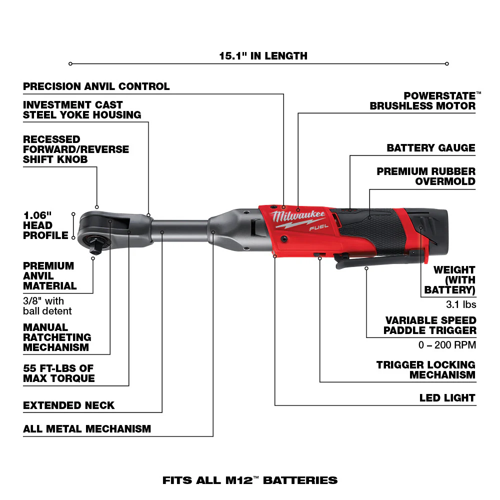Milwaukee M12 FUEL Cordless 3/8" Extended Reach Ratchet One Battery Kit - Image 8
