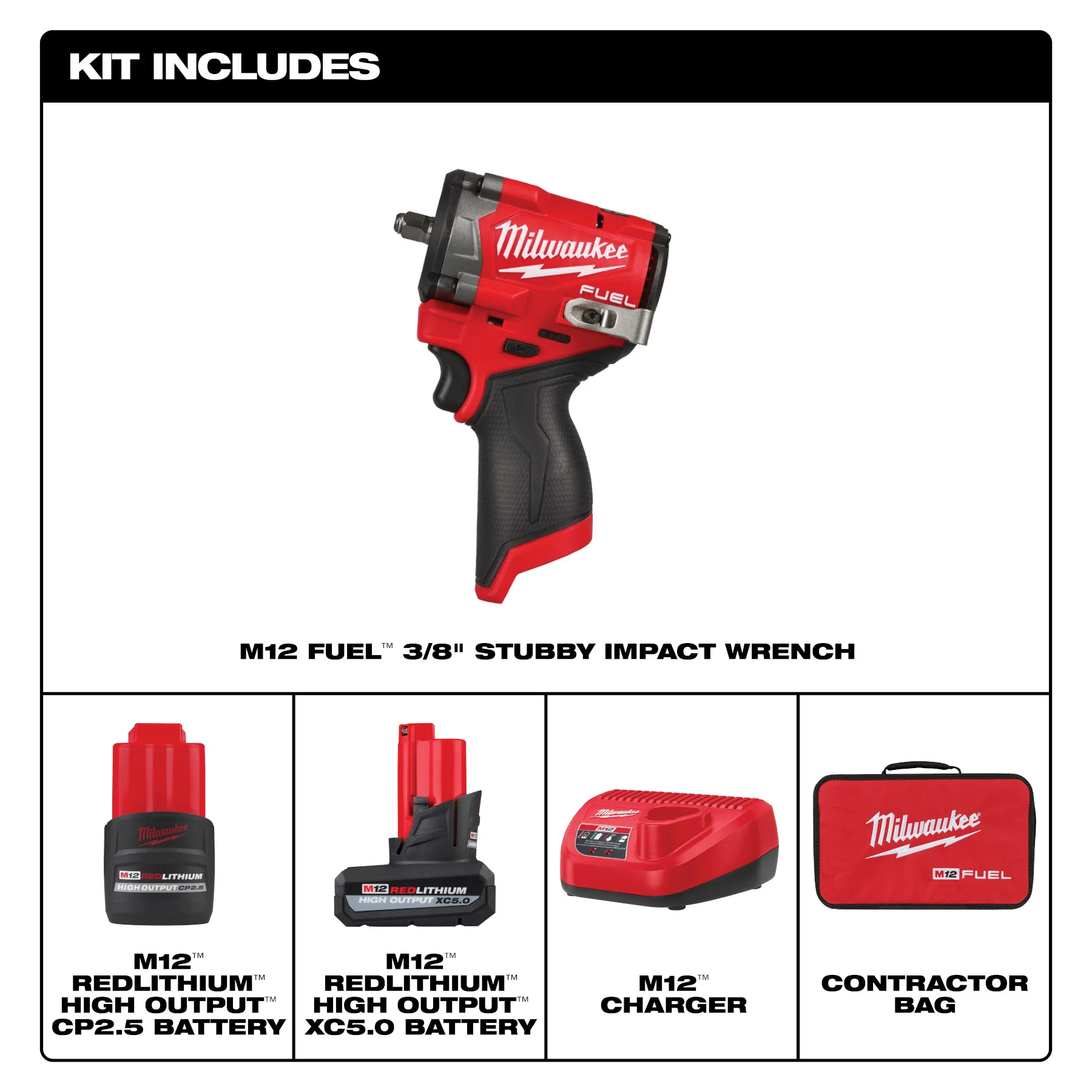 Milwaukee M12 FUEL™ Stubby 3/8" Impact Wrench 2 Battery Kit - Image 12