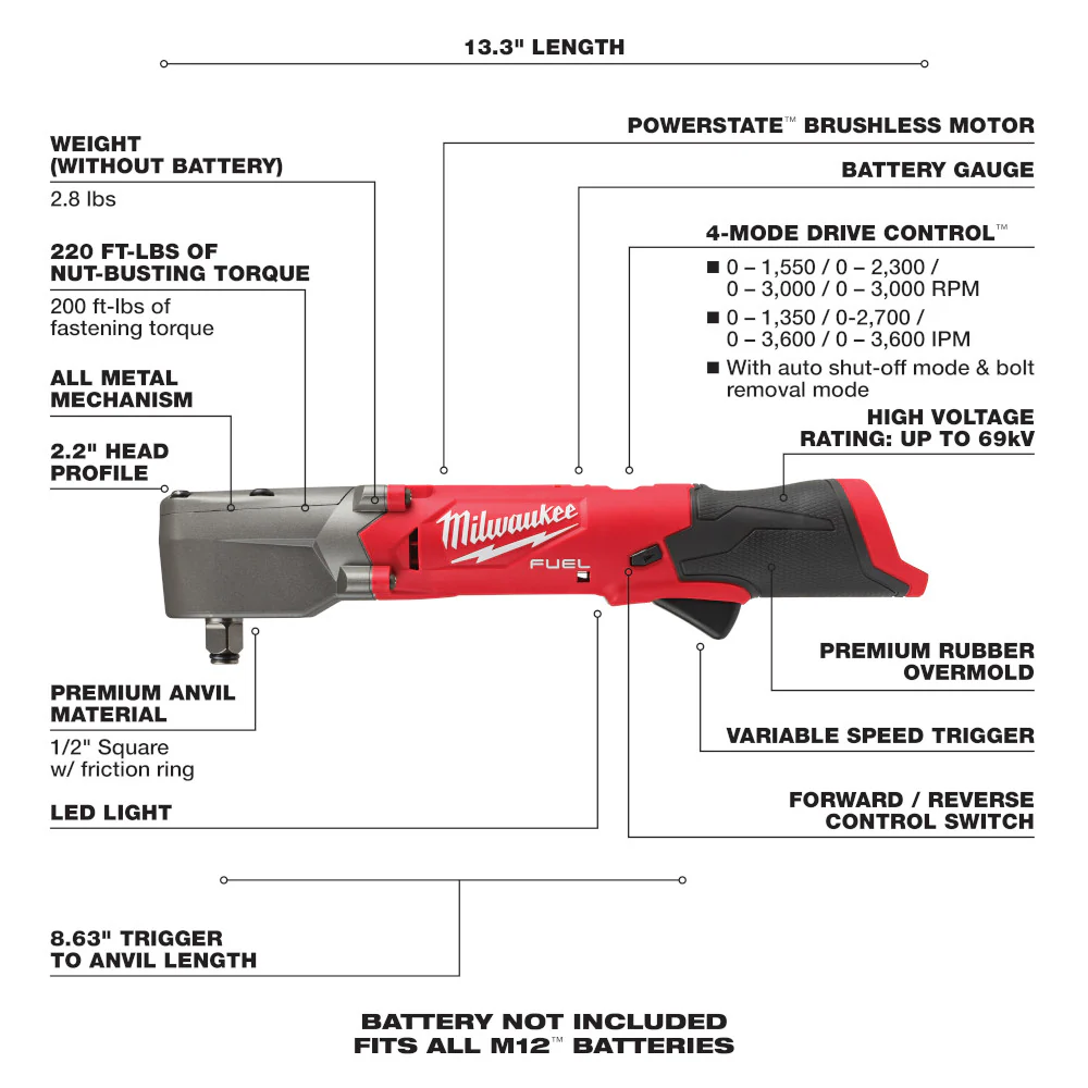 Milwaukee M12 FUEL™ 1/2" Right Angle Impact Wrench - Tool Only - Image 7