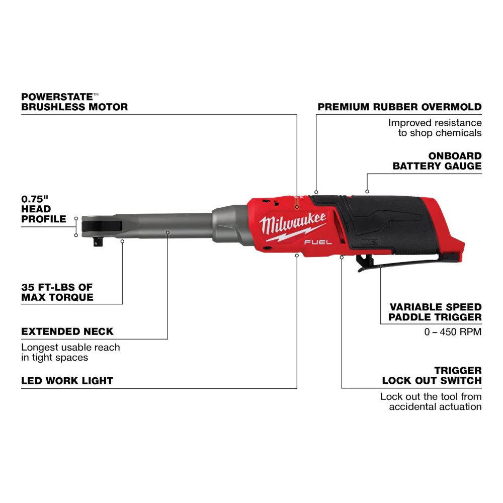 Milwaukee M12 FUEL™ 3/8" Extended Reach High Speed Ratchet - Tool Only - Image 3