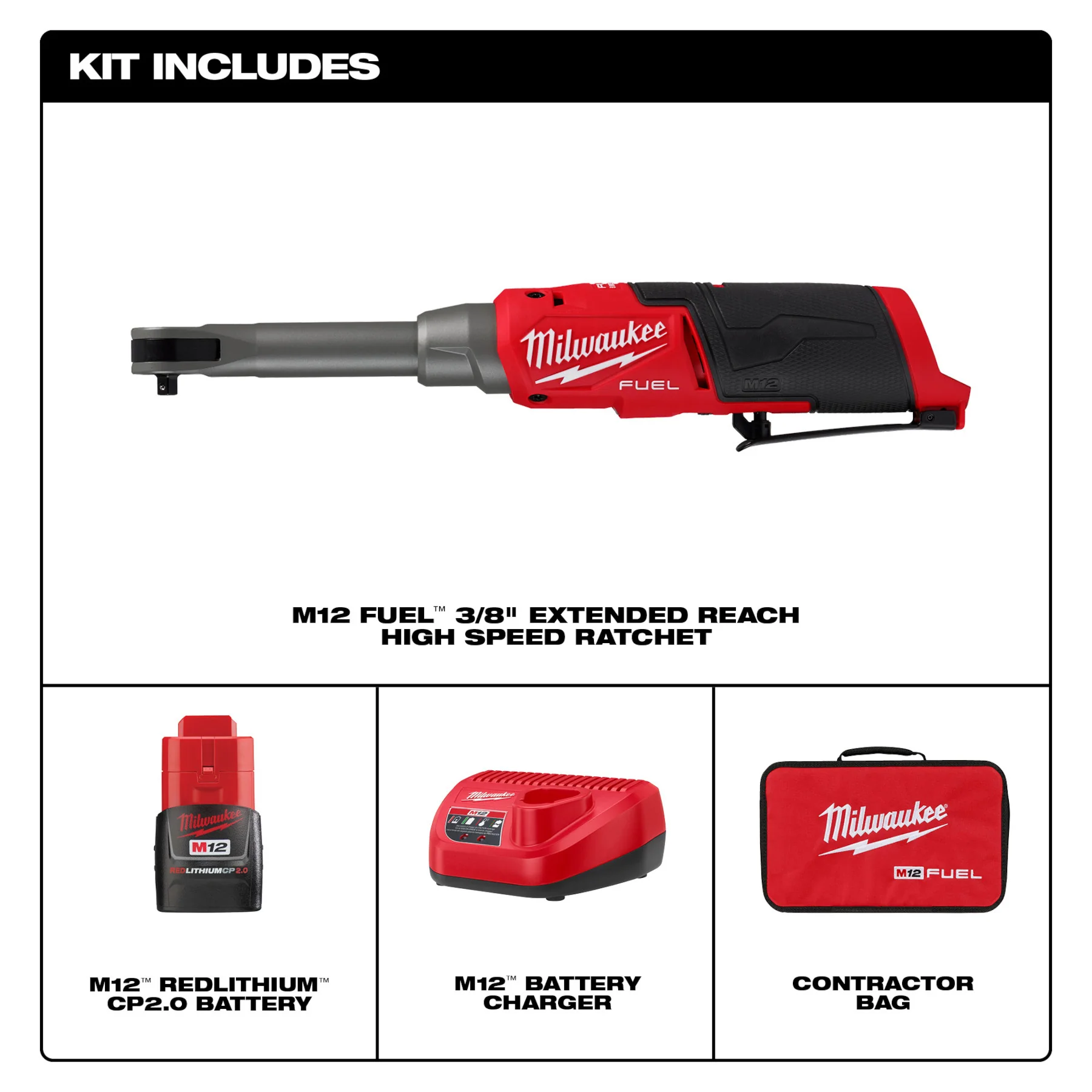 Milwaukee M12 FUEL™ 3/8" Extended Reach High Speed Ratchet Kit - Image 4