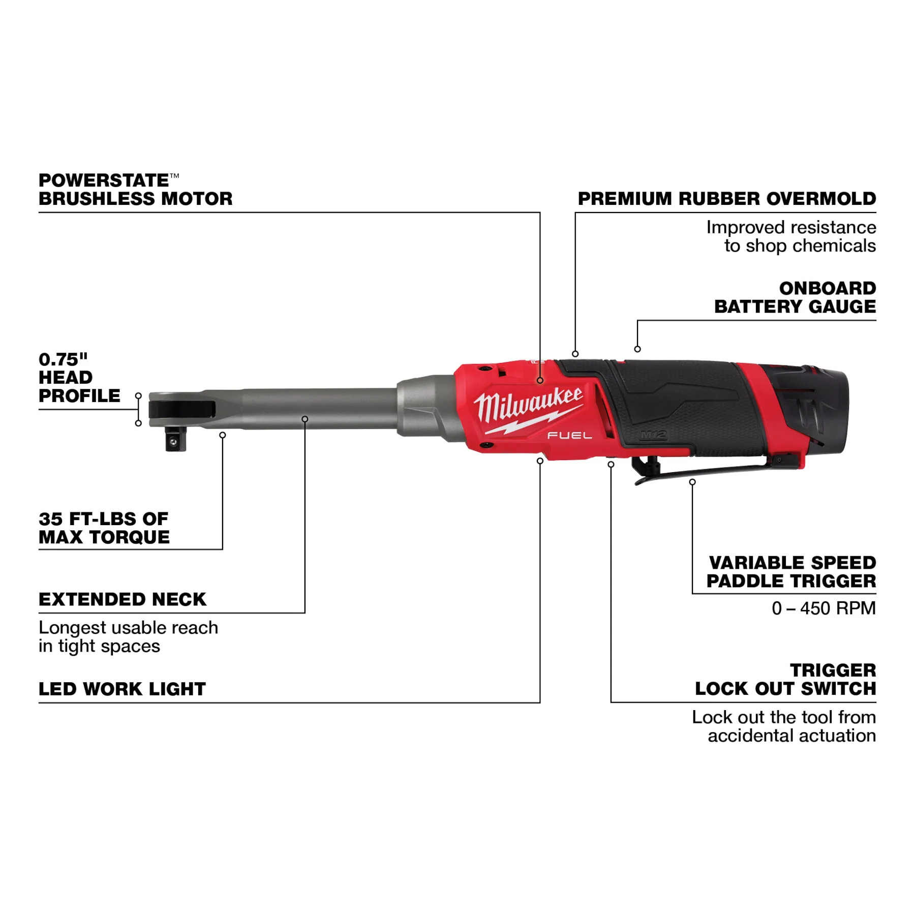 Milwaukee M12 FUEL™ 3/8" Extended Reach High Speed Ratchet Kit - Image 5