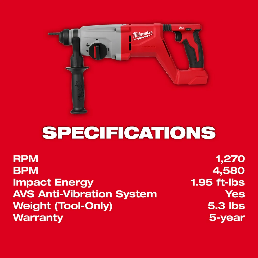 Milwaukee M18 Brushless 1" SDS Plus D-Handle Rotary Hammer - Tool Only - Image 5