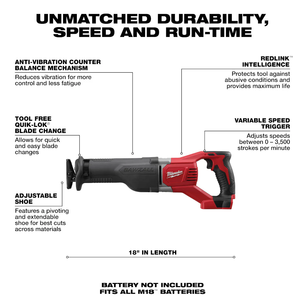 Milwaukee M18 Cordless SAWZALL Reciprocating Saw - Tool Only - Image 2