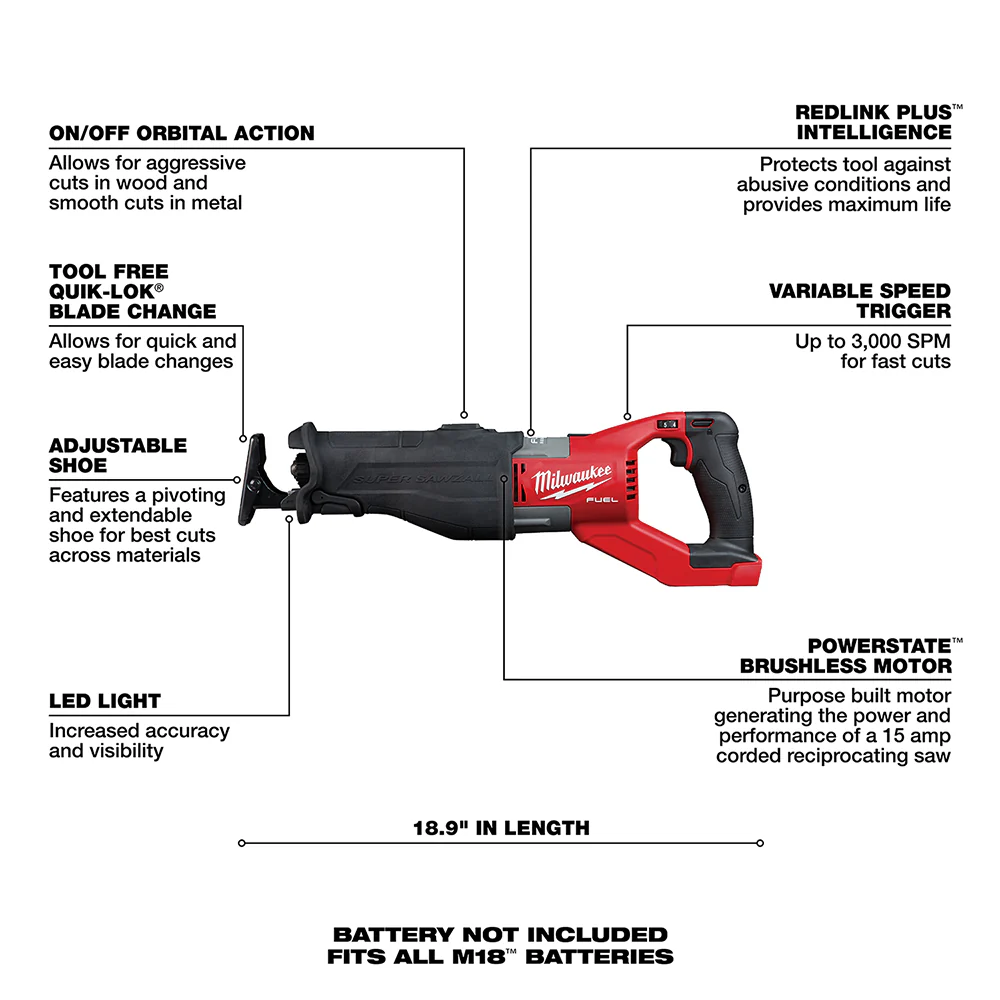 Milwaukee M18 FUEL Cordless SUPER SAWZALL Reciprocating Saw - Tool Only - Image 6