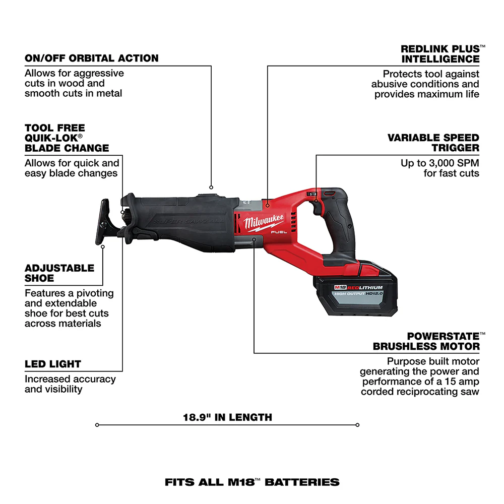 Milwaukee M18 FUEL Cordless SUPER SAWZALL Reciprocating Saw Kit - Image 7