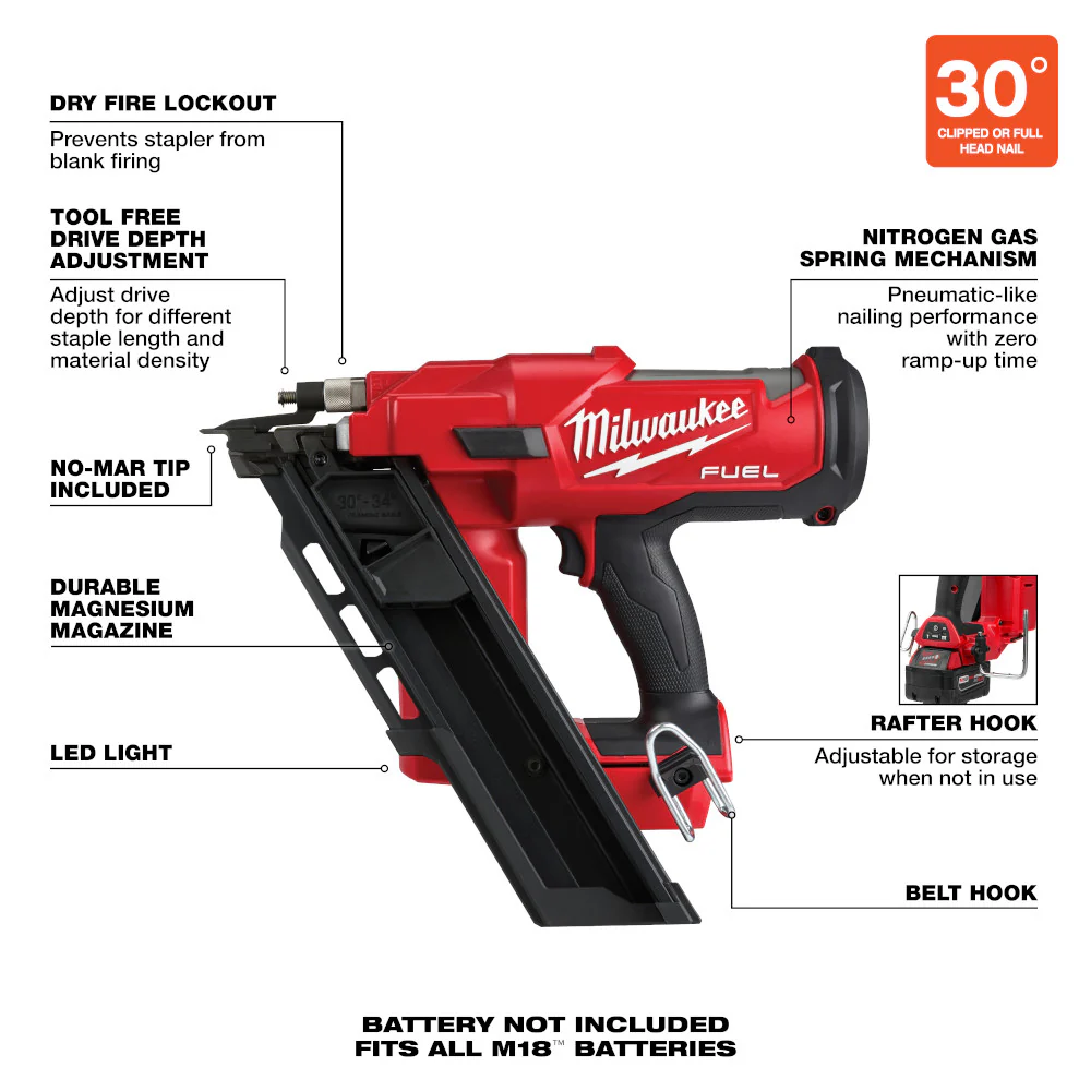 Milwaukee M18 FUEL Cordless 30 Degree Framing Nailer  - Tool Only - Image 8