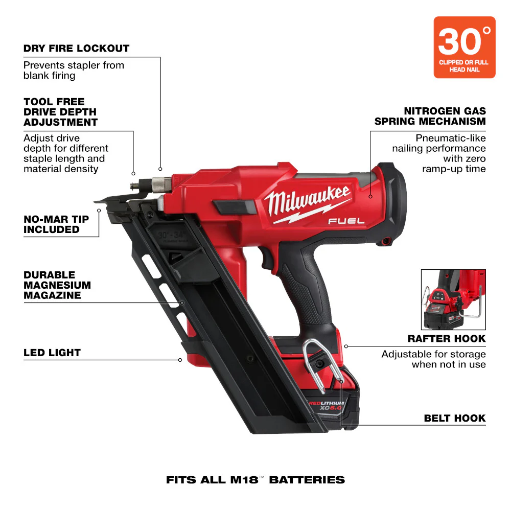 Milwaukee M18 FUEL Cordless 30 Degree Framing Nailer Kit - Image 8