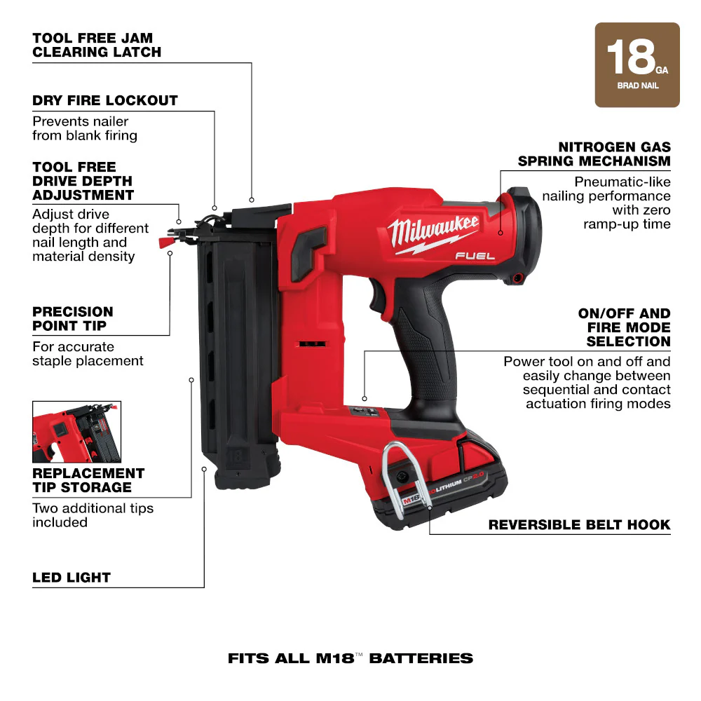 Milwaukee M18 FUEL Cordless 18 Gauge Brad Nailer Kit - Image 8