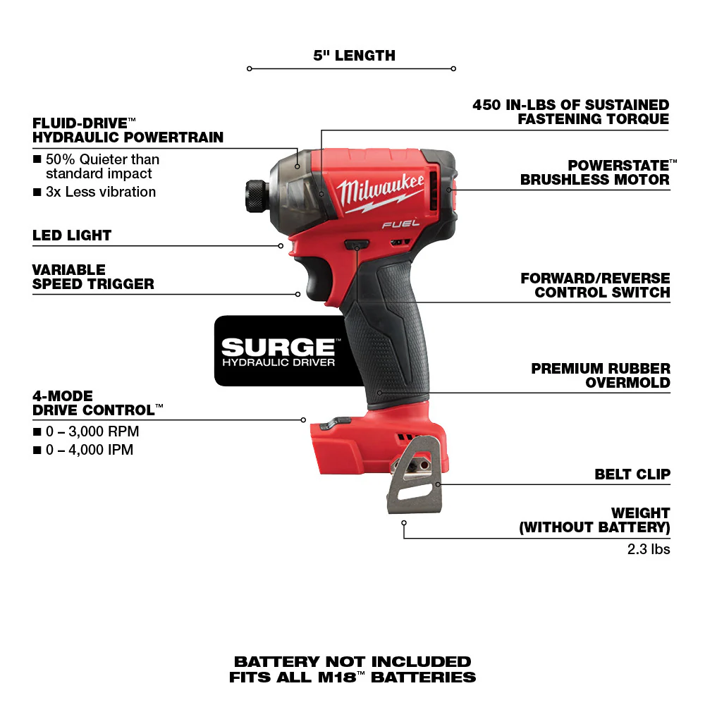 Milwaukee M18 FUEL Cordless SURGE 1/4" Hex Hydraulic Driver  - Tool Only - Image 7