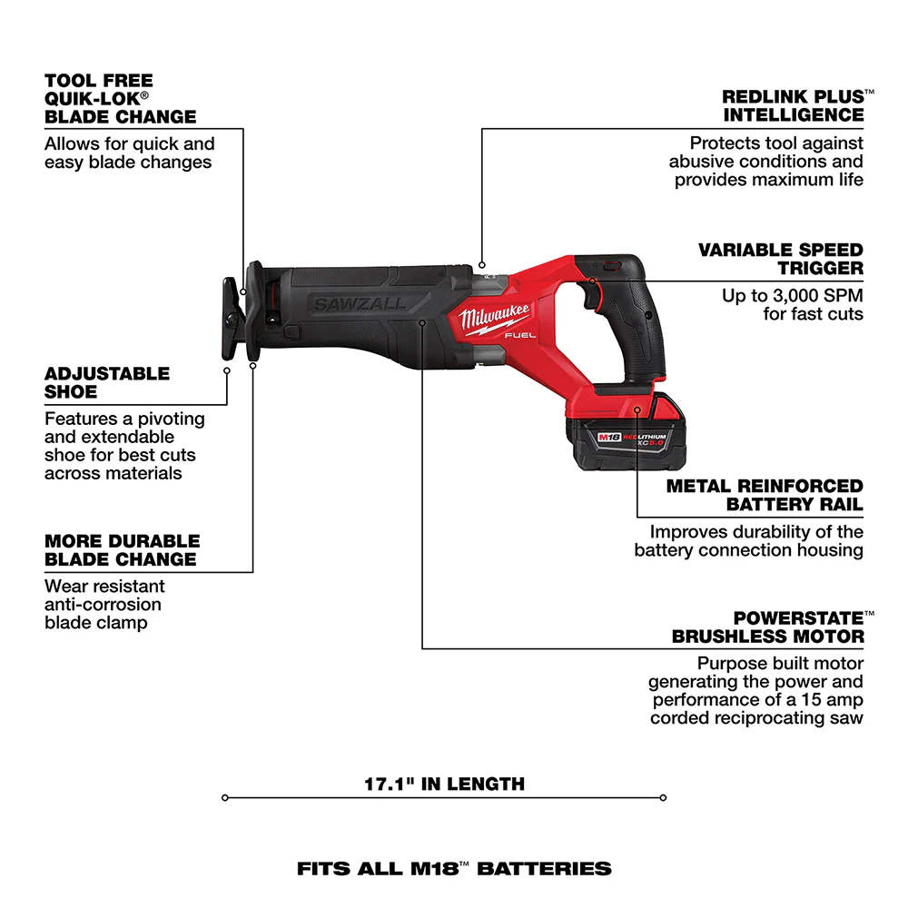 Milwaukee M18 FUEL Cordless SAWZALL Reciprocating Saw 1 Battery Kit - Image 16