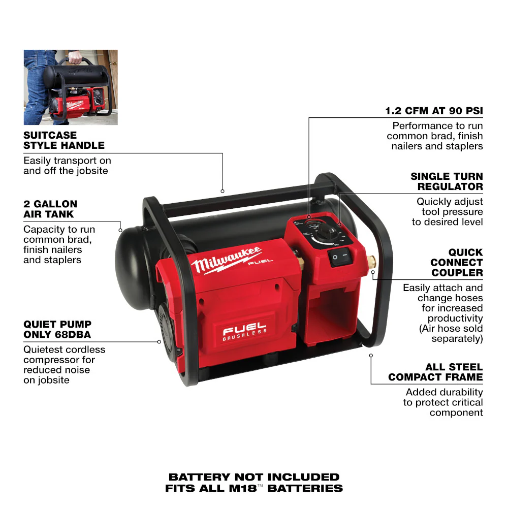 Milwaukee M18 FUEL Cordless 2 Gallon Compact Quiet Compressor - Tool Only - Image 5