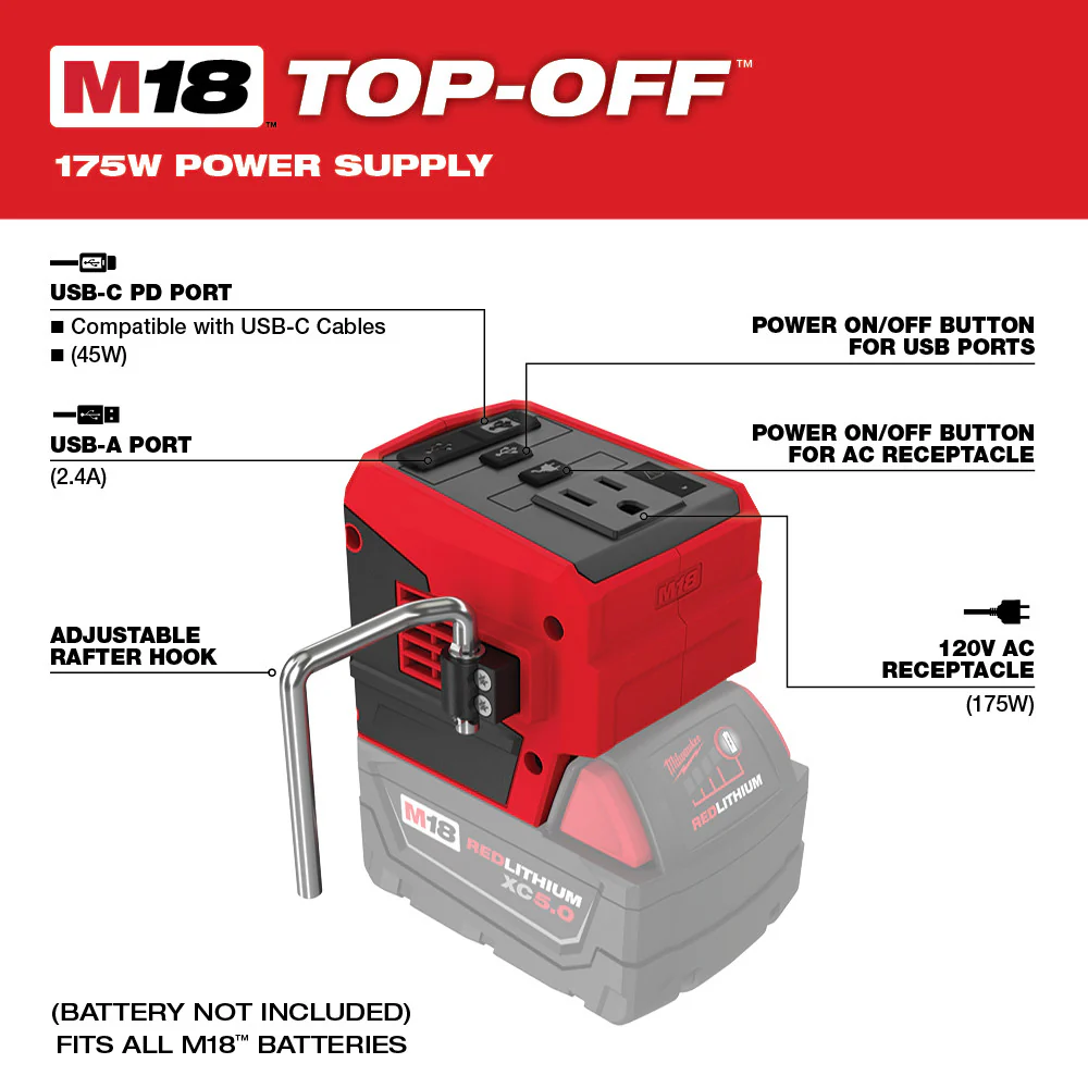 Milwaukee M18 Cordless TOP-OFF 175W Power Supply - Tool Only - Image 3