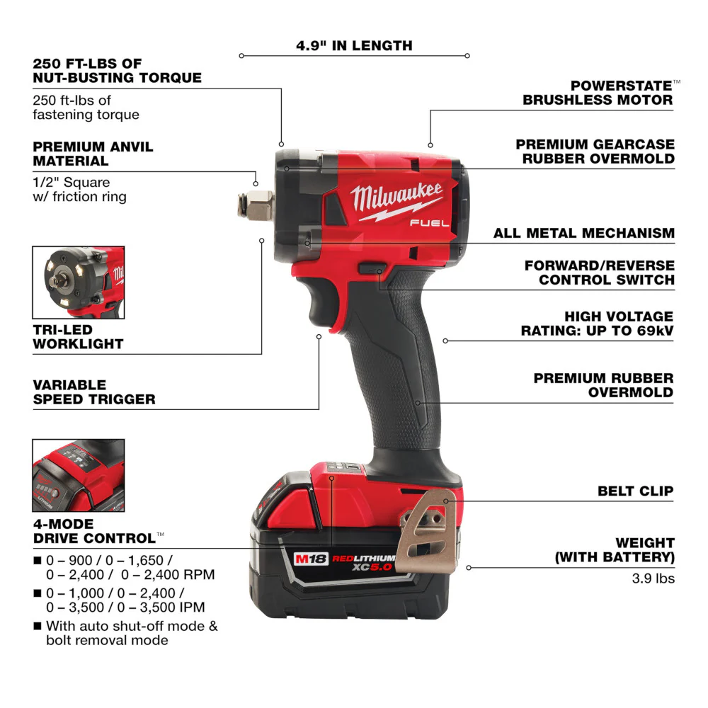 Milwaukee M18 FUEL Cordless 1/2" Compact Impact Wrench Friction Ring Kit with 5.0 AH Resistant Batteries - Image 3