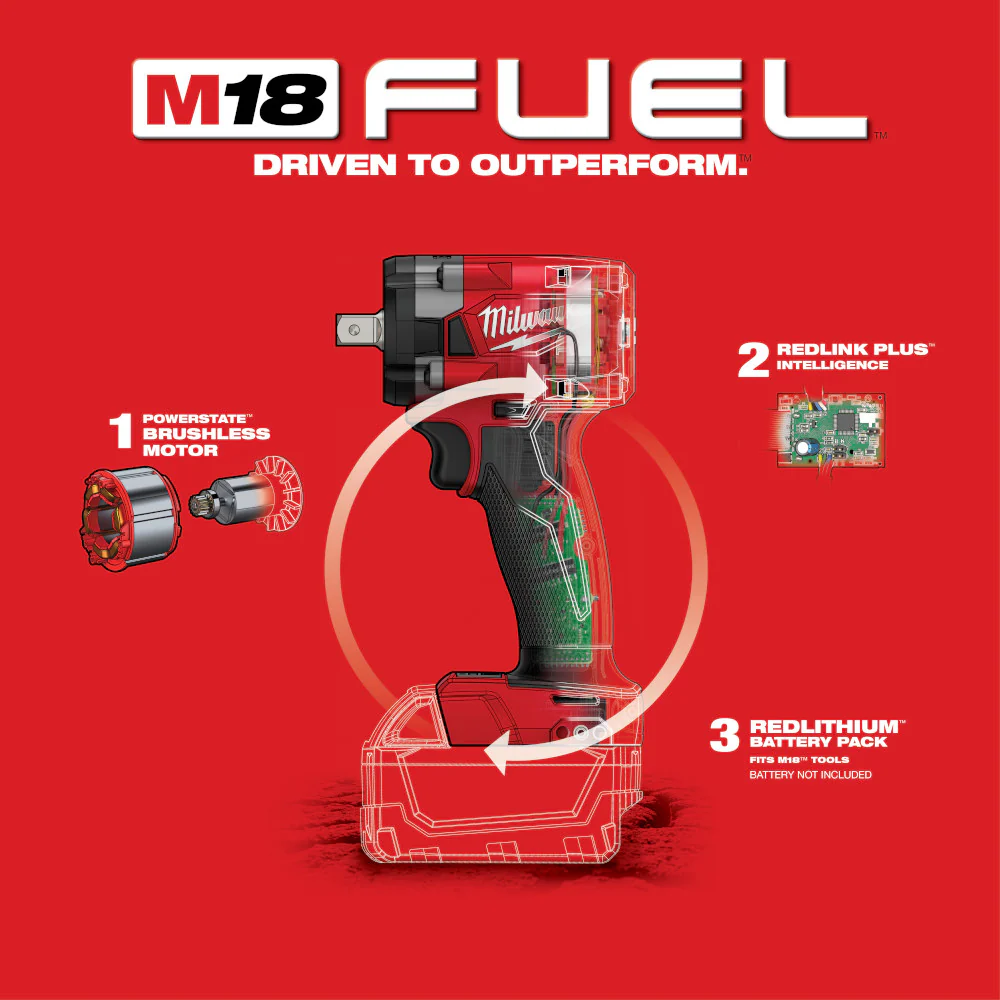 Milwaukee M18 FUEL Cordless 1/2" Compact Impact Wrench with Pin Detent - Tool Only - Image 6