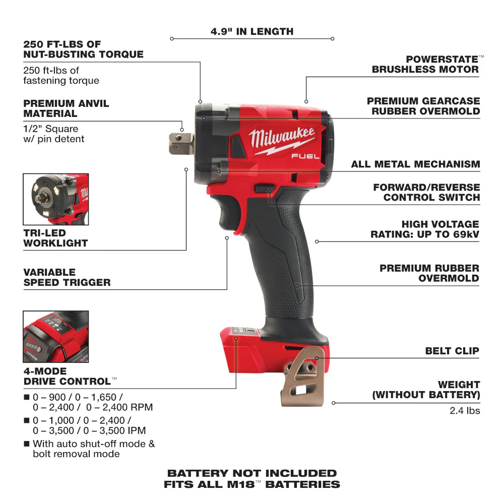 Milwaukee M18 FUEL Cordless 1/2" Compact Impact Wrench with Pin Detent - Tool Only - Image 7